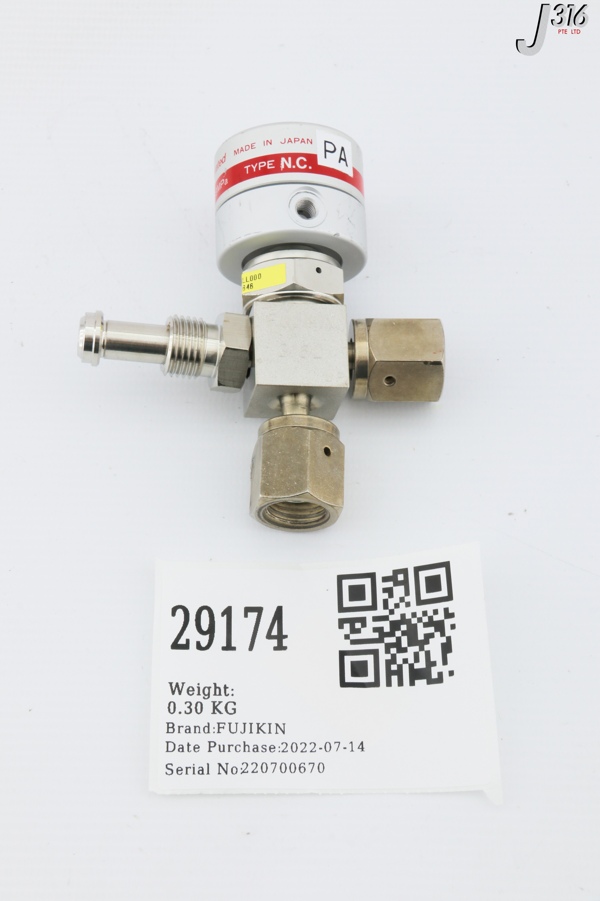 3R 29174 FUJIKIN DIAPHRAGM VALVE TYPE N.C., O.P 0.39~0.59MPA 421646